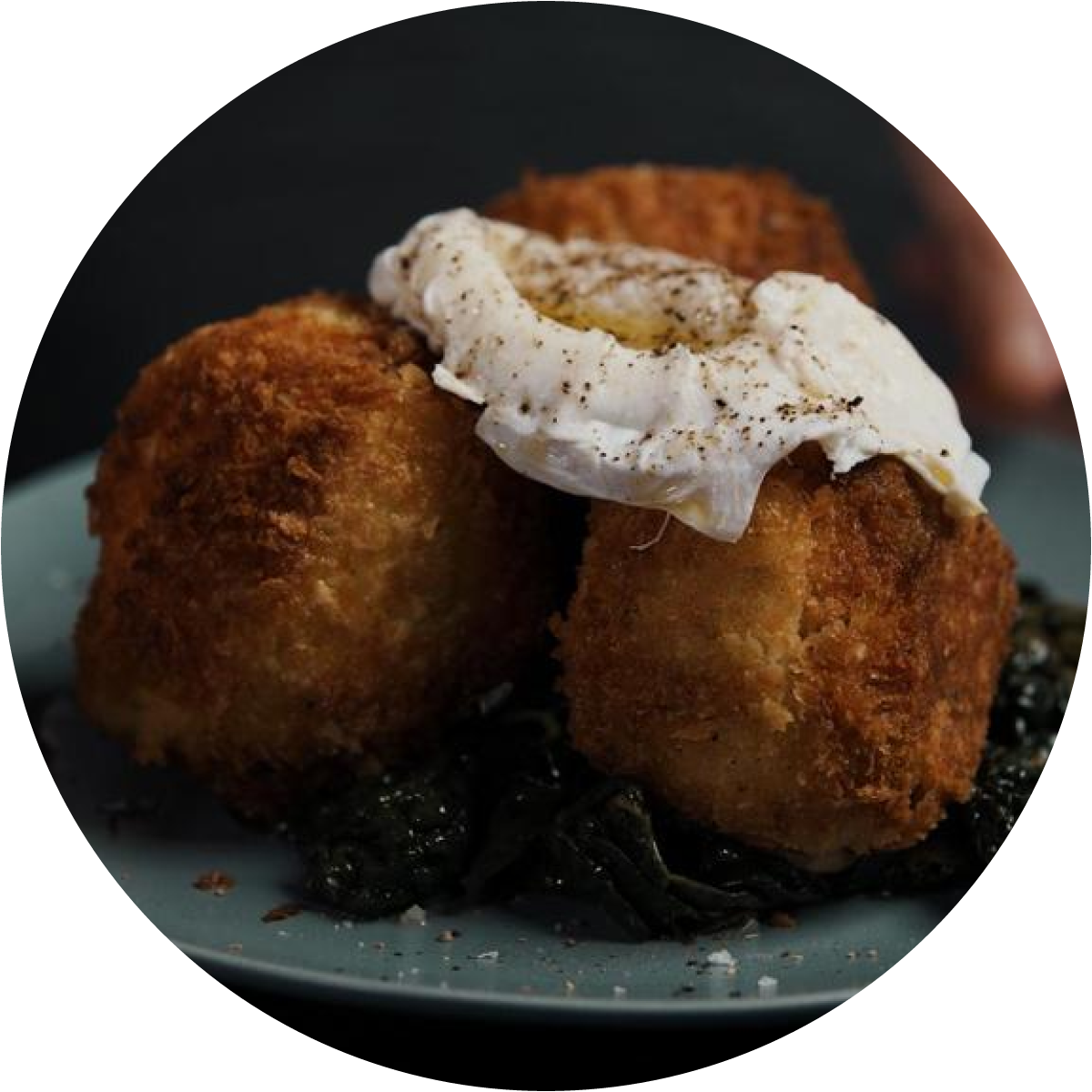 Crispy Rissoles with Kale and Poached Eggs