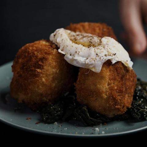 Crispy Rissoles with Kale and Poached Eggs